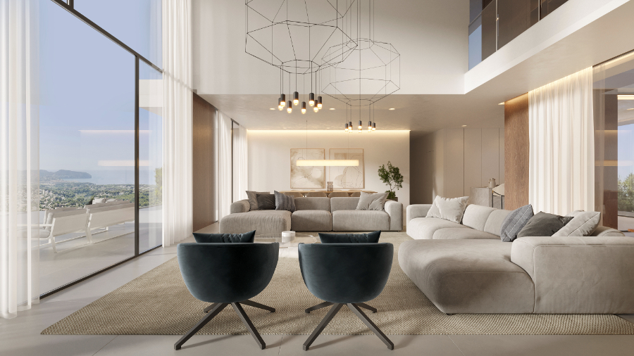 Woonkamer met dubbele plafondhoogte, kamerhoge glaspartijen met zeezicht, geometrische draadluchters en modern meubilair in neutrale tinten.