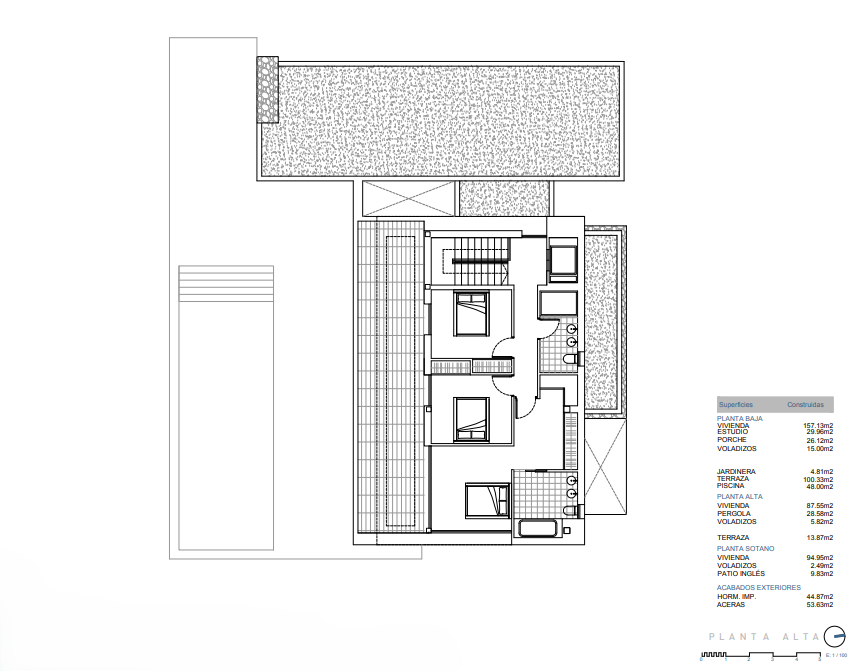 Gedetailleerde architectonische plattegrond van de bovenverdieping met drie slaapkamers, twee badkamers en een terras, inclusief overzicht van bebouwde oppervlaktes.