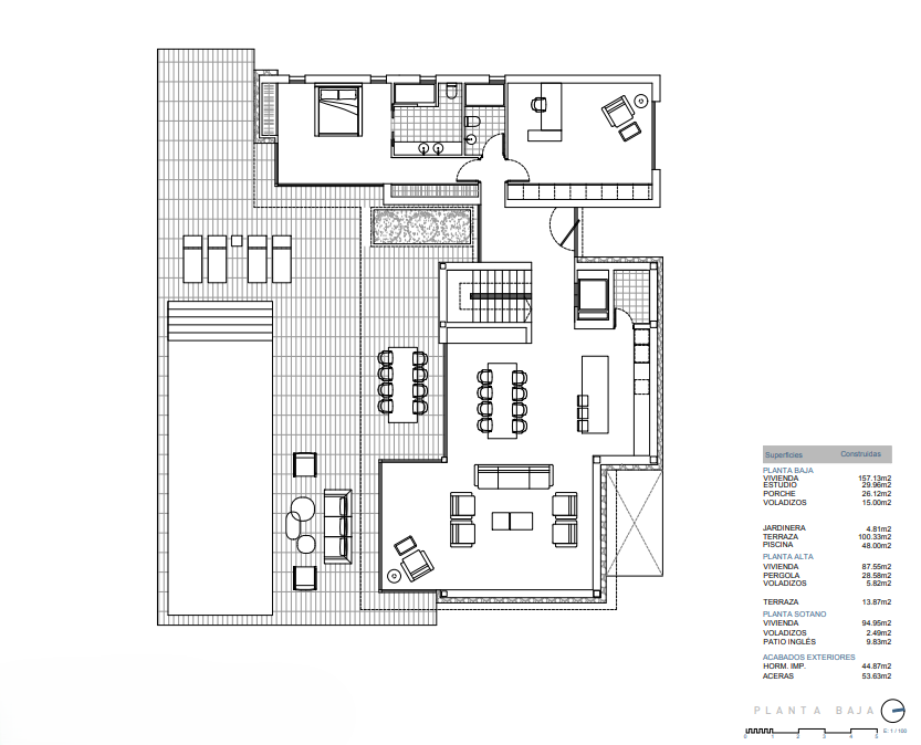 Gedetailleerde plattegrond van de begane grond met de open woonkamer, master suite, kantoor en het grote terras met privézwembad.