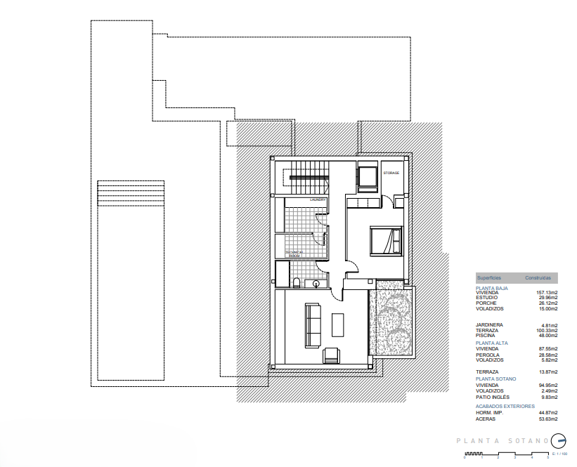 Gedetailleerde plattegrond van het souterrain met een wasruimte, technische ruimte, berging, extra slaapkamer en een Engelse patio voor natuurlijk licht.
