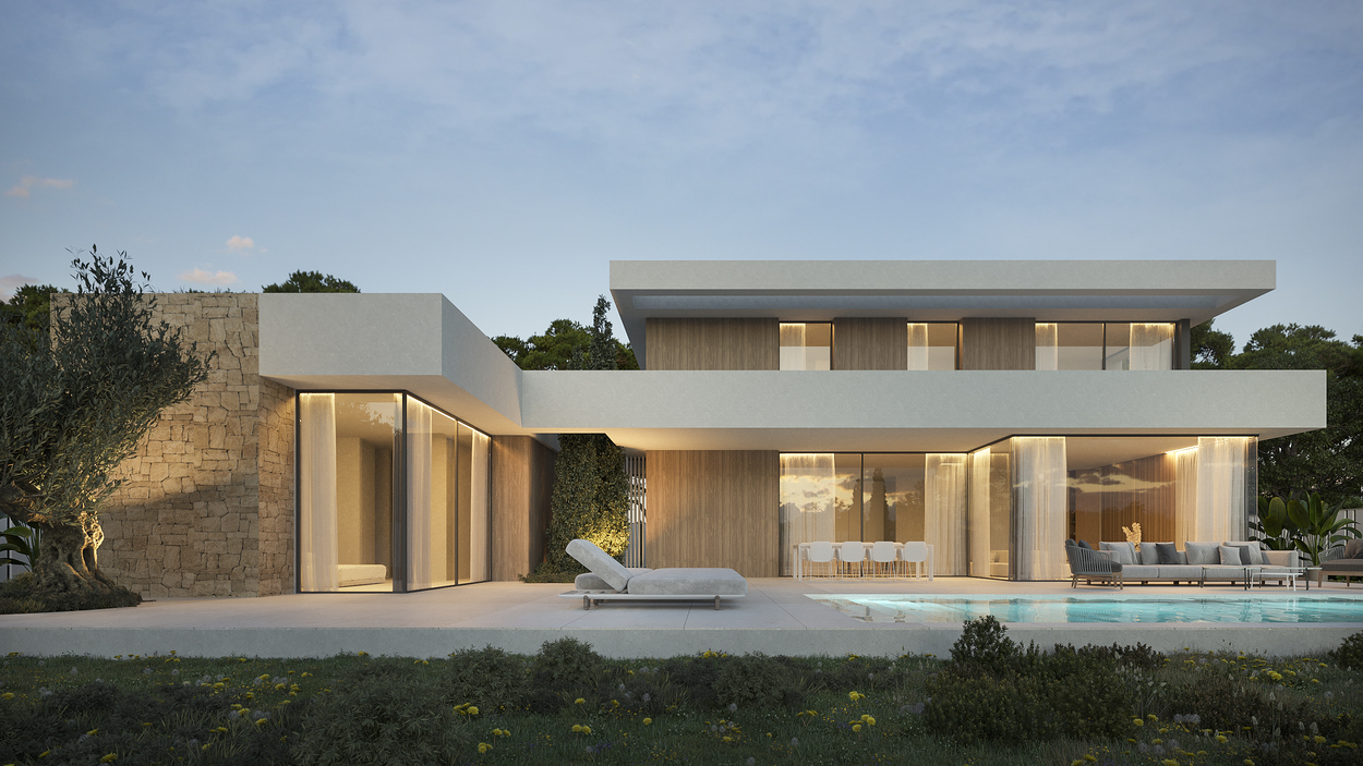 Moderne villa-gevel met natuurstenen muren, houten panelen en grote raampartijen met uitzicht op het privézwembad en het aangelegde terras.