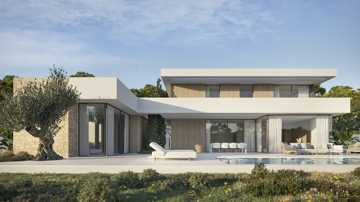 Moderne villa met twee verdiepingen, natuurstenen muren en houten accenten. Voorzien van een privézwembad, ruim zonneterras en tuin met een karakteristieke olijfboom.