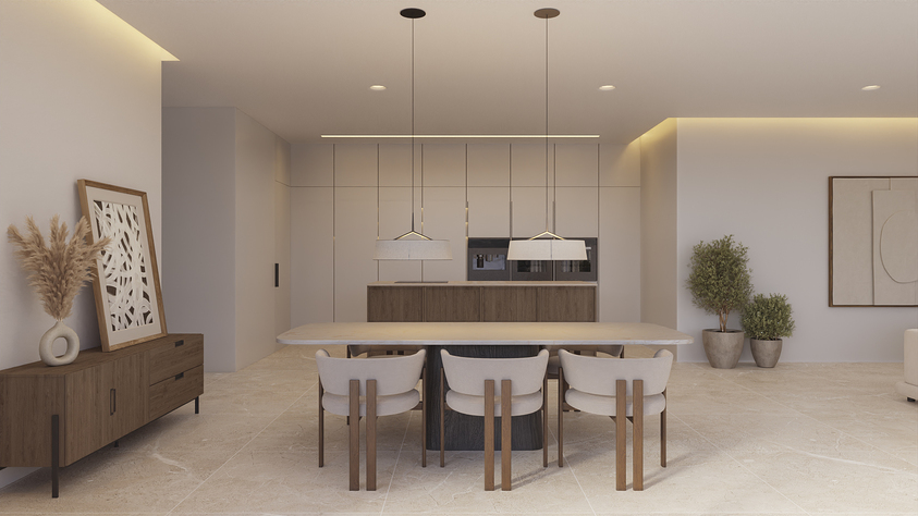 Open eetkamer met een stenen tafel, designstoelen en een minimalistische keuken met inbouwapparatuur en sfeervolle indirecte verlichting.
