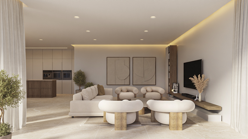 Open woonkamer met meubels in neutrale tinten, ronde fauteuils en een zwevende houten mediaplank. Inbouwspots en een stenen vloer verbinden de zithoek direct met de keuken.