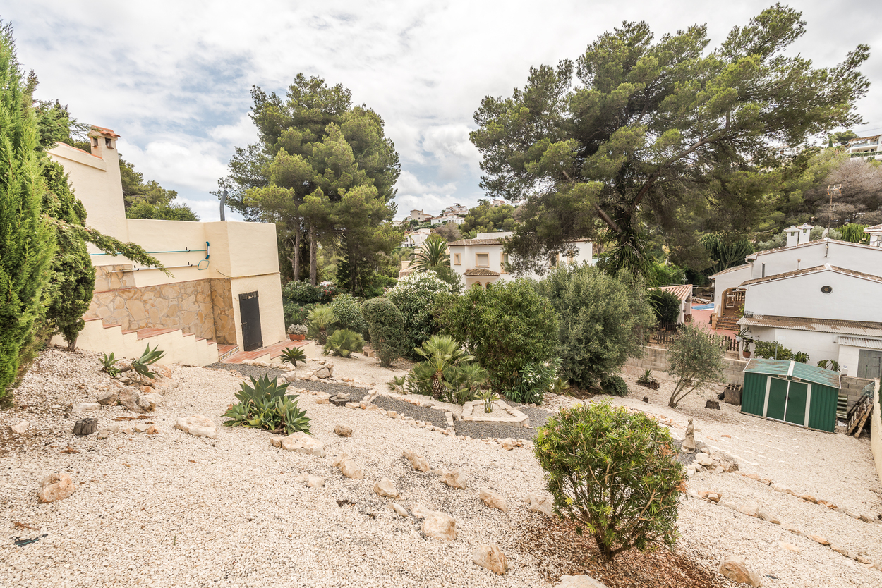 Terrasvormige onderhoudsvriendelijke tuin met grind, agaves en een groene berging, omzoomd door volwassen pijnbomen en naburige woningen.