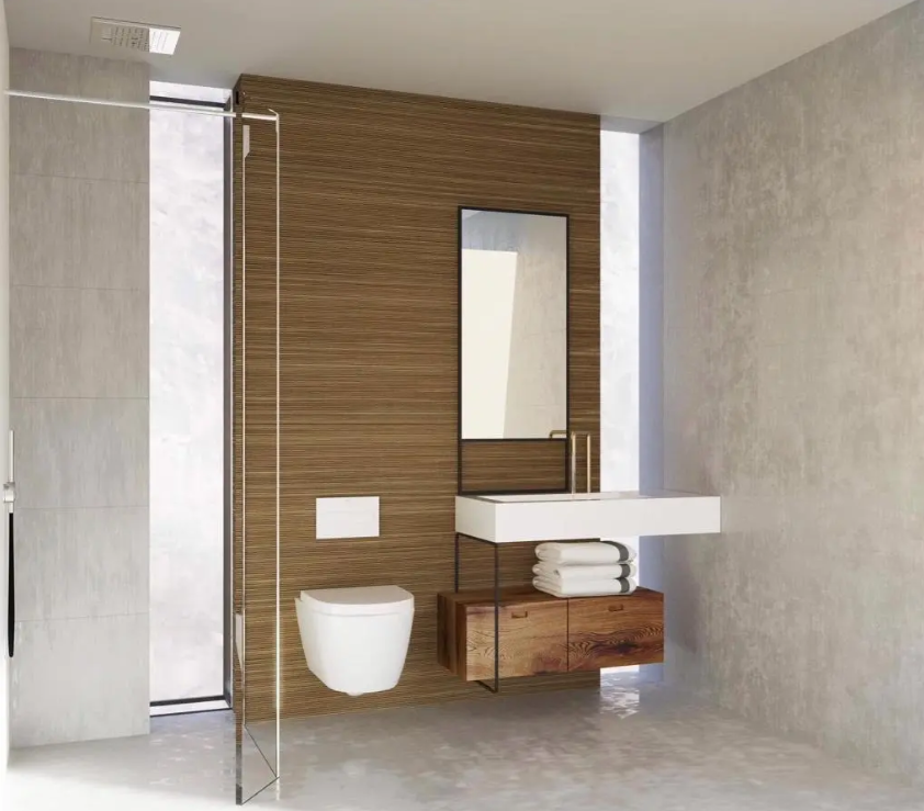 Moderne badkamer met houten accentwand, zwevende witte wastafel en wandcloset. Voorzien van een glazen douchewand en natuurlijke lichtinval via een verticaal raam.