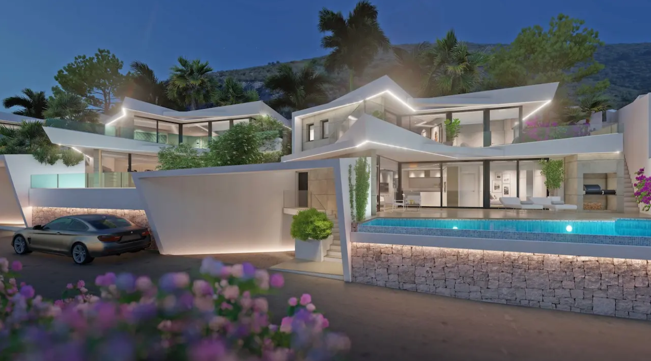 Moderne villa met meerdere verdiepingen, witte geometrische architectuur, geïntegreerde ledverlichting, een overloopzwembad en natuurstenen muren.