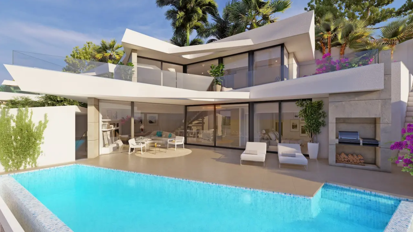 Moderne villa met overloopzwembad, ingebouwde stenen barbecue en ruim terras met loungemeubilair en kamerhoge glazen schuifpuien.