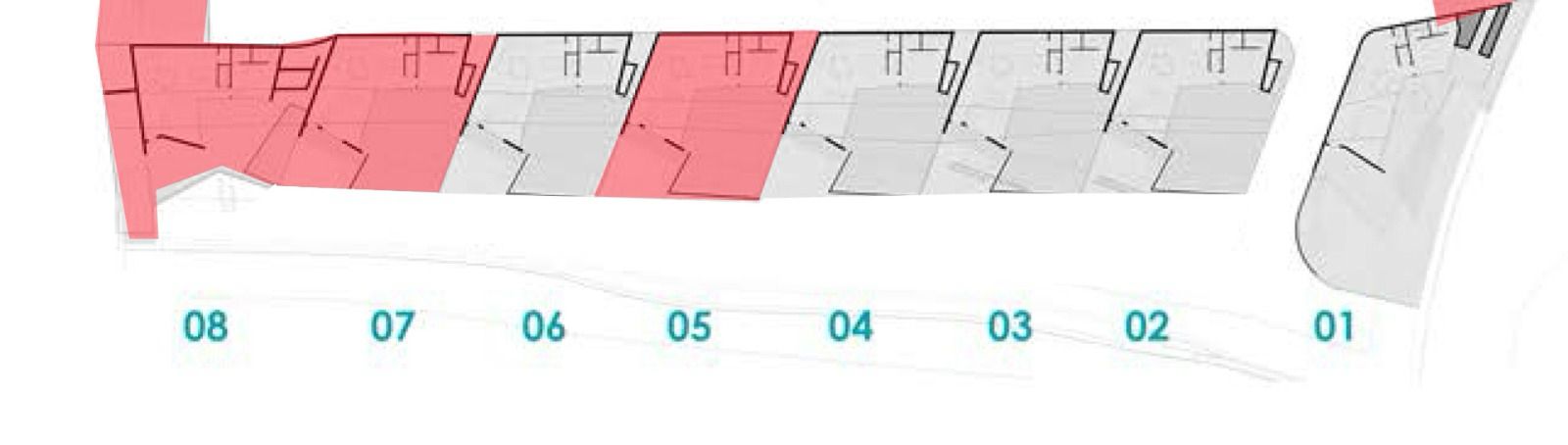 Situatieplan van de units 01 tot 08, met rood gemarkeerde kavels die de beschikbaarheid en indeling van de woningen in Benitachell tonen.