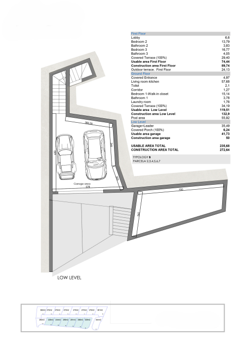 Technische plattegrond van de benedenverdieping (Typologie B) met dubbele garage, trapopgang en een gedetailleerd overzicht van de oppervlaktes per niveau.