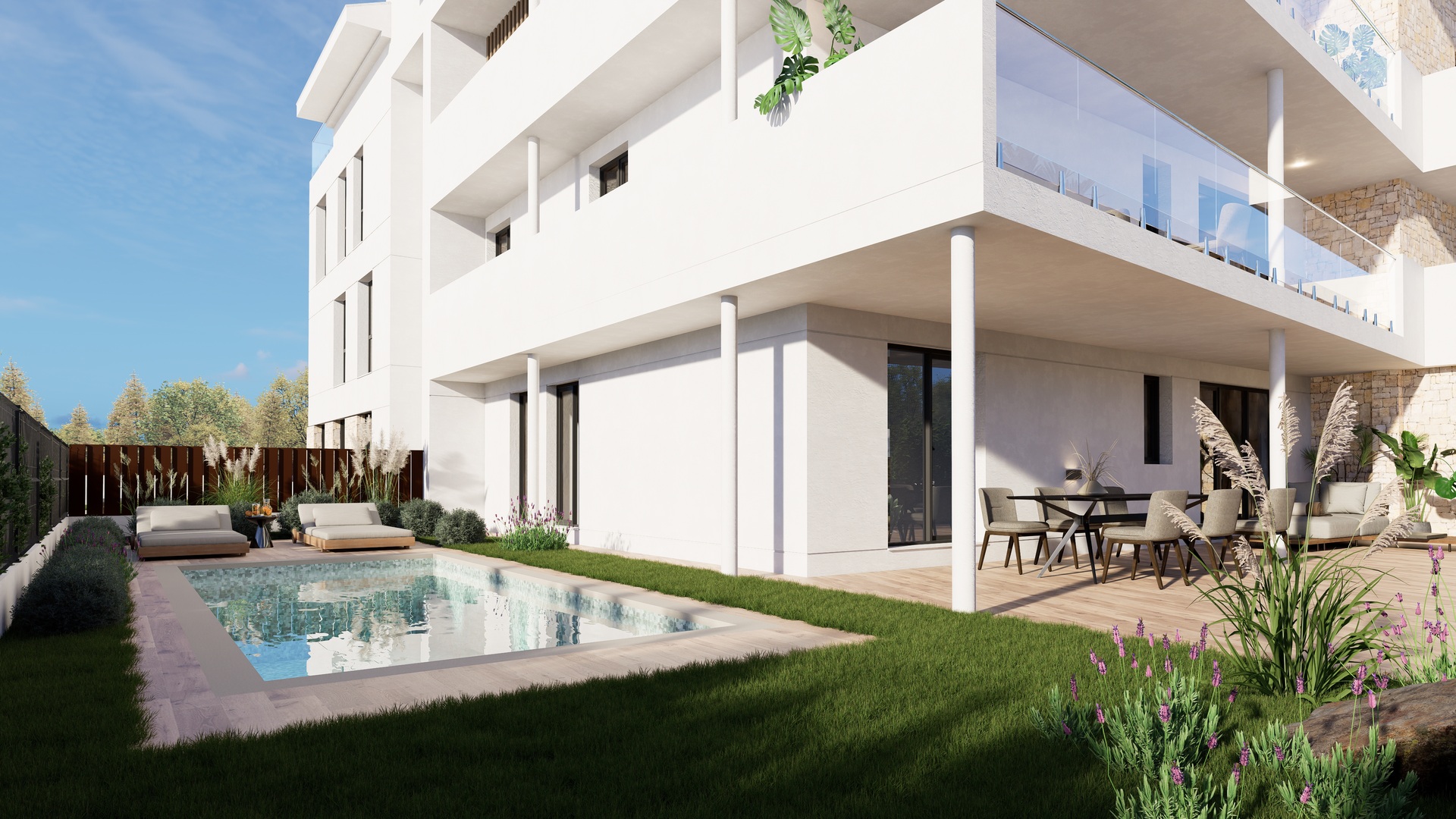 Exterieur van een gelijkvloers appartement met privézwembad, terras met houtlook tegels, buiten-eethoek en aangelegde tuin.