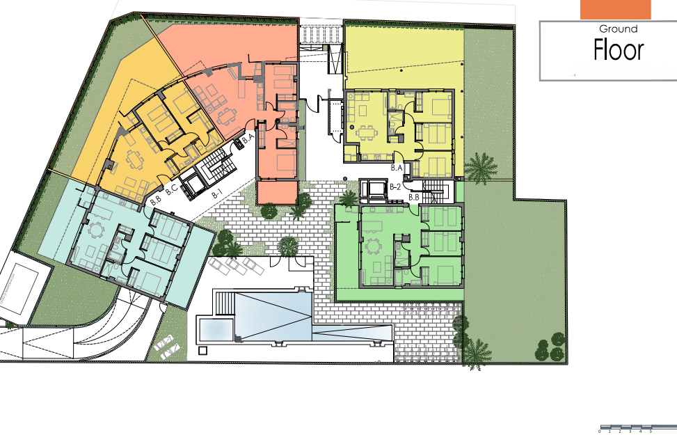 Gedetailleerde plattegrond van de begane grond met de indeling van de woningen, privétuinen en het gemeenschappelijke zwembad met zonneterras.