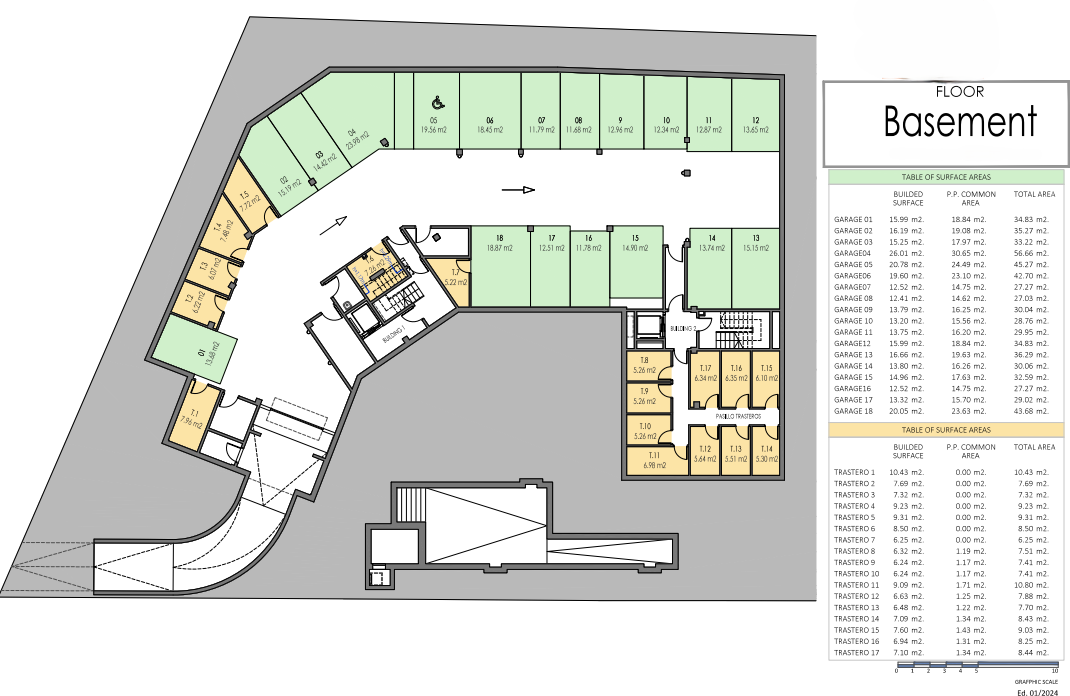 Gedetailleerde plattegrond van de kelderverdieping met 18 parkeerplaatsen, 17 bergingen en bijbehorende tabellen met oppervlaktes.