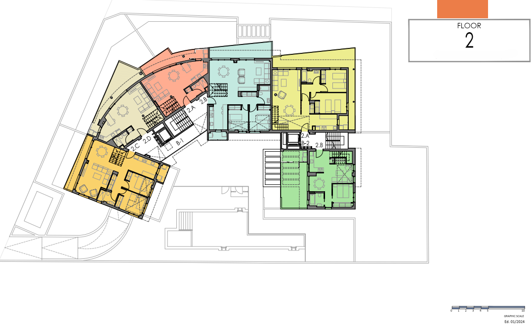 Gedetailleerde plattegrond van de tweede verdieping met de indeling van vijf appartementen, terrassen, binnentrappen en gemeenschappelijke toegangsruimtes.