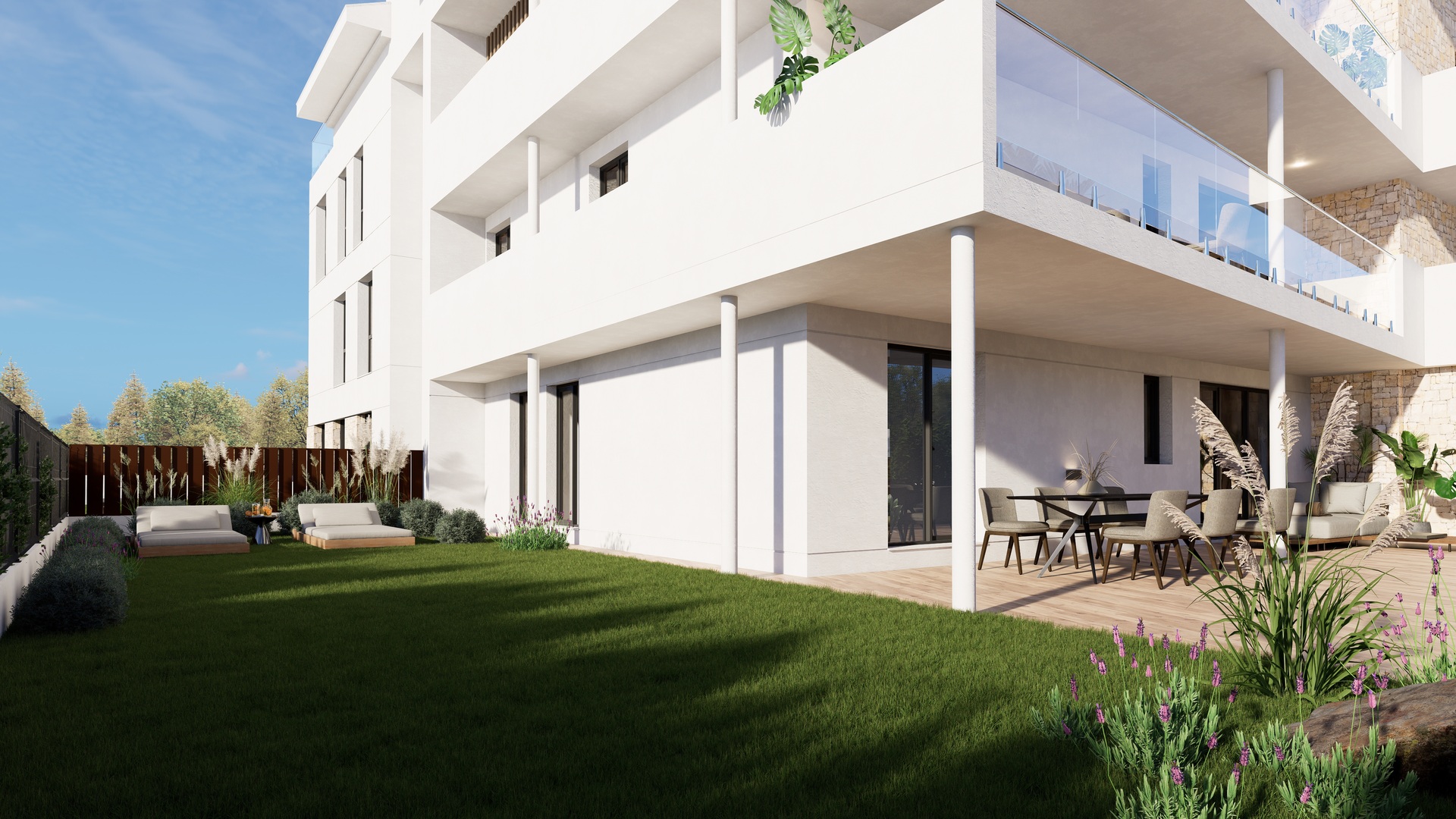 Gelijkvloers appartement met privétuin, overdekt terras met eethoek en een moderne witte gevel met natuurstenen details.