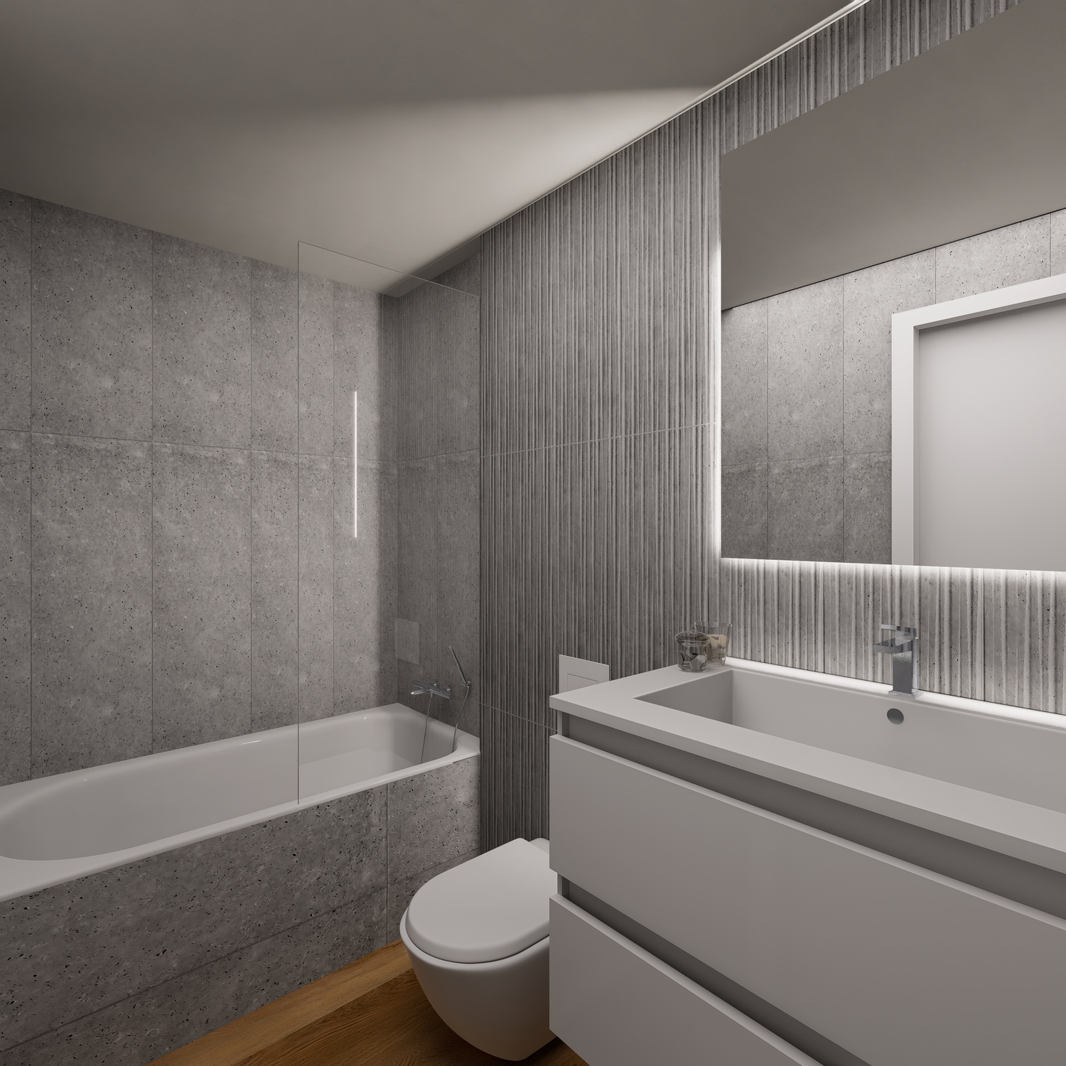 Moderne badkamer met grijze tegels met steeneffect, een geribbelde accentmuur en een zwevend wastafelmeubel. Voorzien van een ligbad met glazen wand en LED-spiegel.