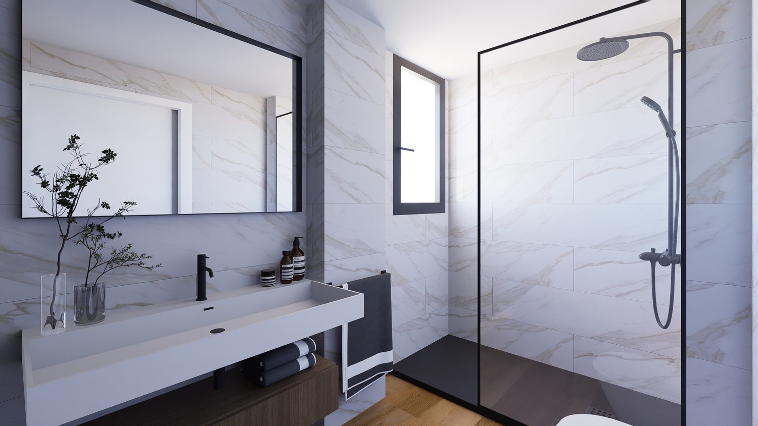 Moderne badkamer met wandtegels in marmerlook, een inloopdouche met zwart beslag en een wit geïntegreerd wastafelblad op een zwevend houten meubel.