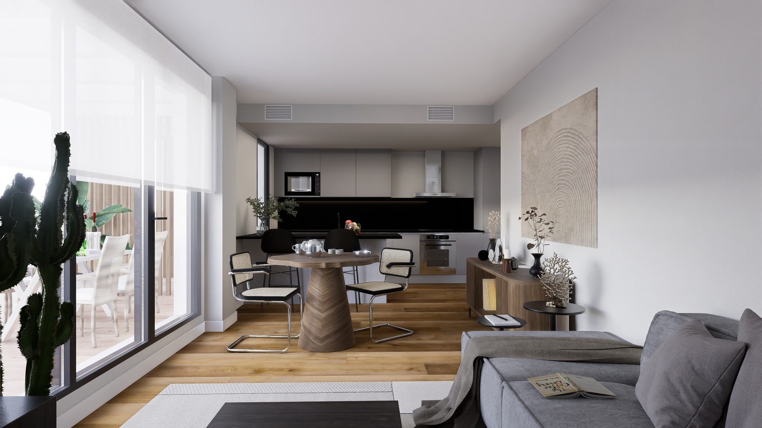 Open leefruimte met een moderne grijze keuken, houten eethoek en eikenhouten vloer. Grote glazen schuifdeuren geven toegang tot het privéterras.