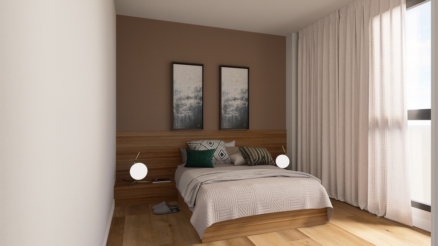 Slaapkamer met geïntegreerd houten hoofdbord, aardetint accentmuur en kamerhoge gordijnen. Natuurlijke houten vloer en bolvormige design nachtlampen.