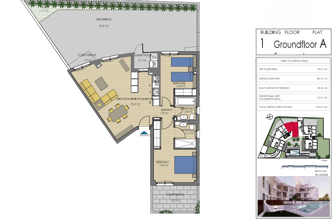 Technische plattegrond van Gelijkvloers A in Gebouw 1, met 2 slaapkamers, 2 badkamers en een ruim open terras van 50 m² grenzend aan de woonkamer.