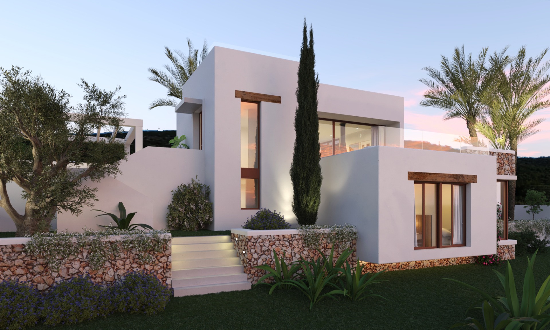 Moderne villa met witte gevels, natuurstenen muren en houten details. De aangelegde tuin bevat een olijfboom, cipres en geïntegreerde trapverlichting voor de avond.
