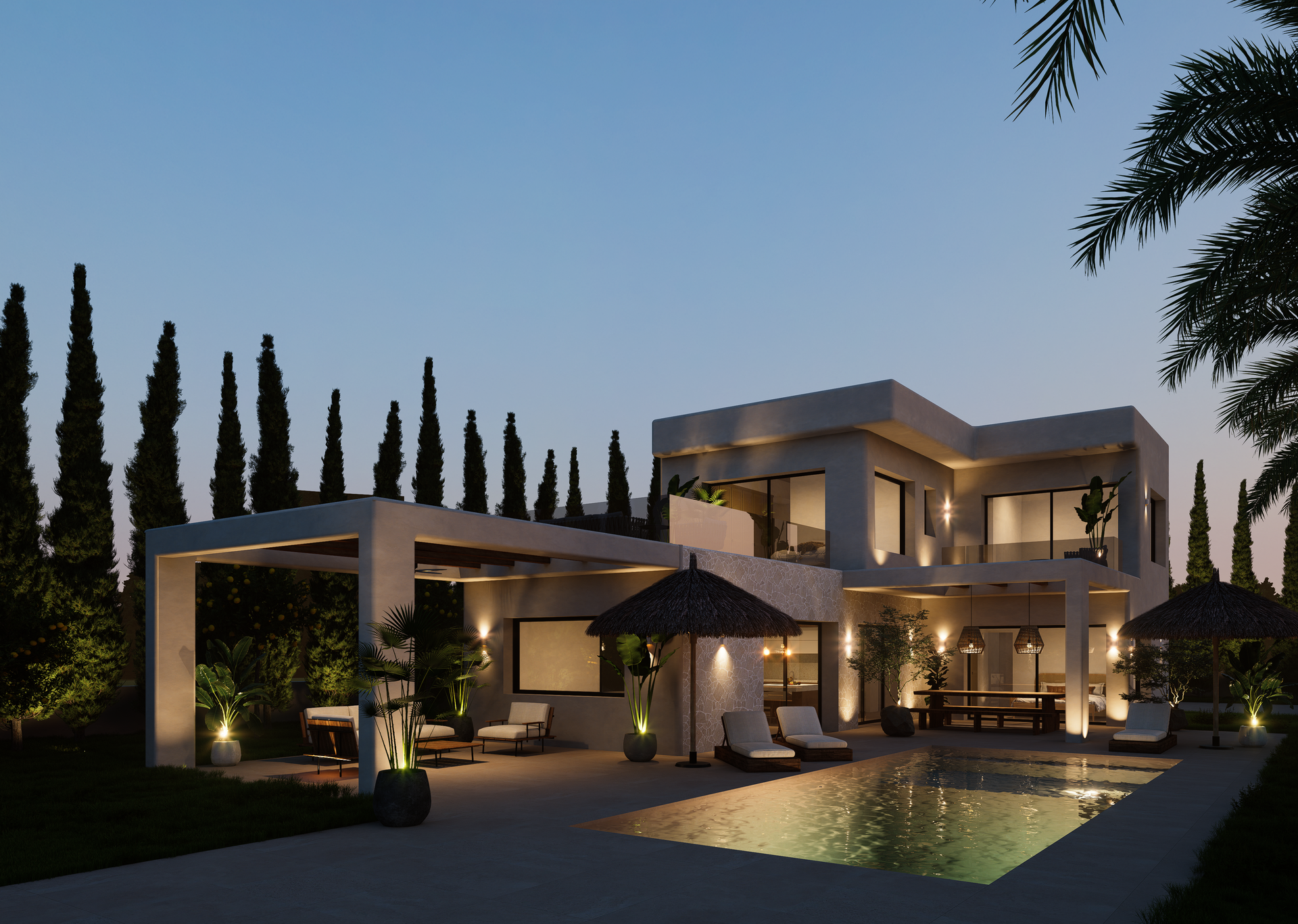 Architecturale impressie van de villa bij schemering, met verlicht zwembad, overdekte terrassen en een mediterrane tuin met hoge cipressen.