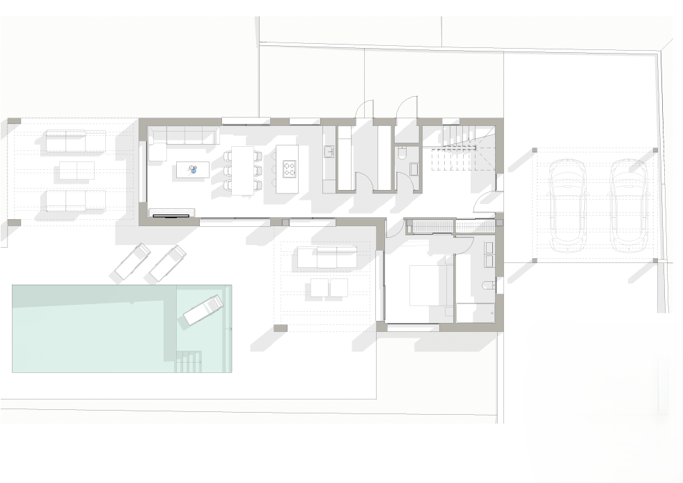 Architecturale plattegrond van de begane grond met open leefruimte, slaapkamer met badkamer, terrassen, een zwembad van 10x4m en een dubbele carport.