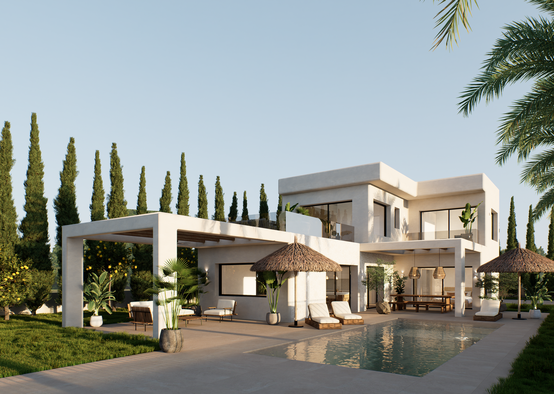 Exterieur van de moderne villa met rechthoekig zwembad, parasols van stro, overdekte terrassen en een mediterrane tuin met cipressen en citroenbomen.