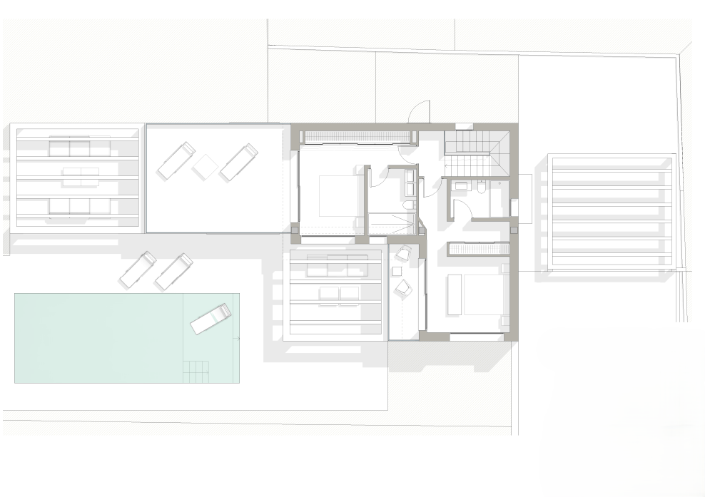 Gedetailleerde architectonische plattegrond van de villa met de indeling van het zwembad, de ruime terrassen met pergola's en de slaapkamers met badkamers.