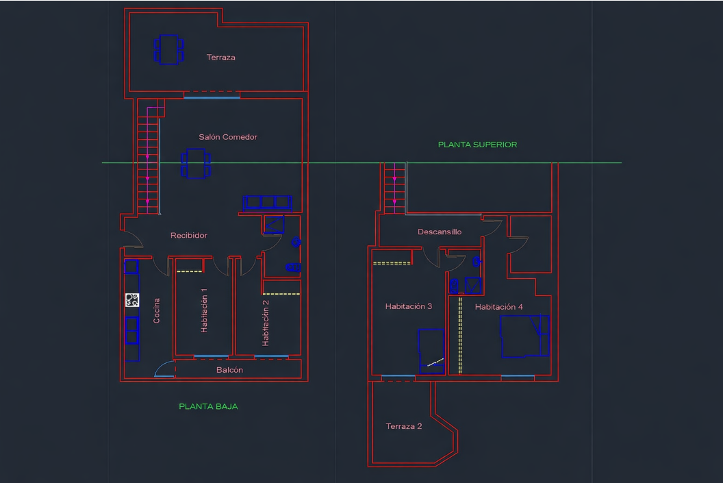 Gedetailleerde plattegrond van het duplex penthouse met de indeling van beide verdiepingen, inclusief vier slaapkamers, twee terrassen en een ruime woon-eetkamer.