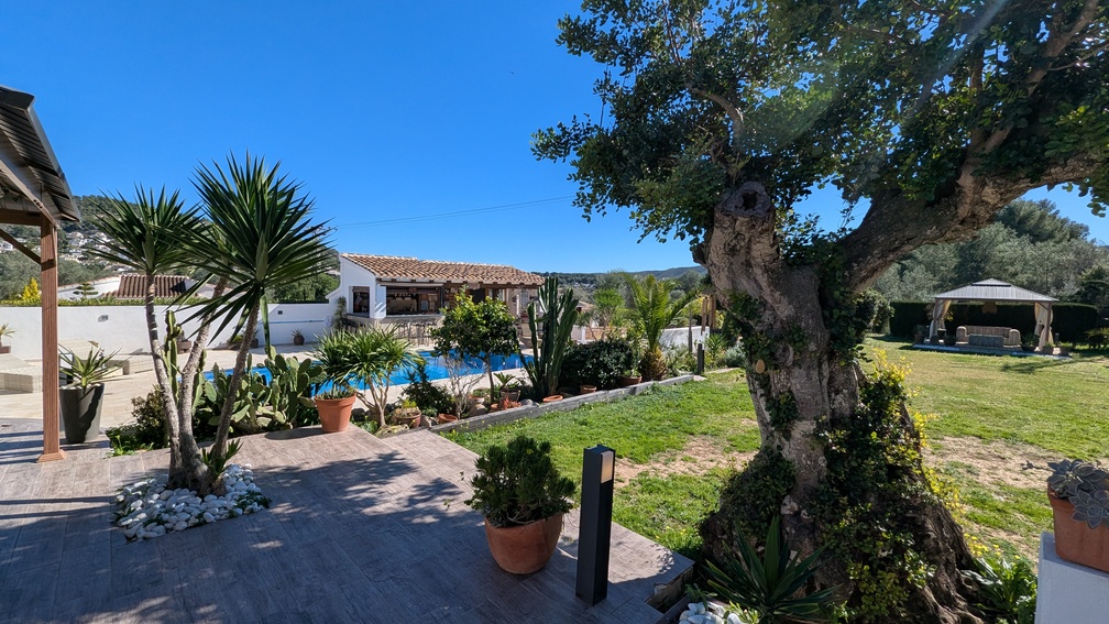 Mediterrane tuin met privézwembad, een volledig uitgeruste buitenkeuken en een schaduwrijke gazebo op een gazon met olijfbomen.