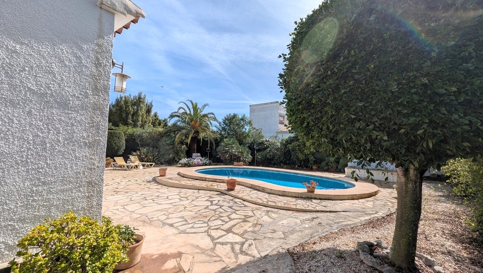 Privé zwembad in niervorm omgeven door natuurstenen bestrating en een volgroeide mediterrane tuin met palmbomen en zonneterras.