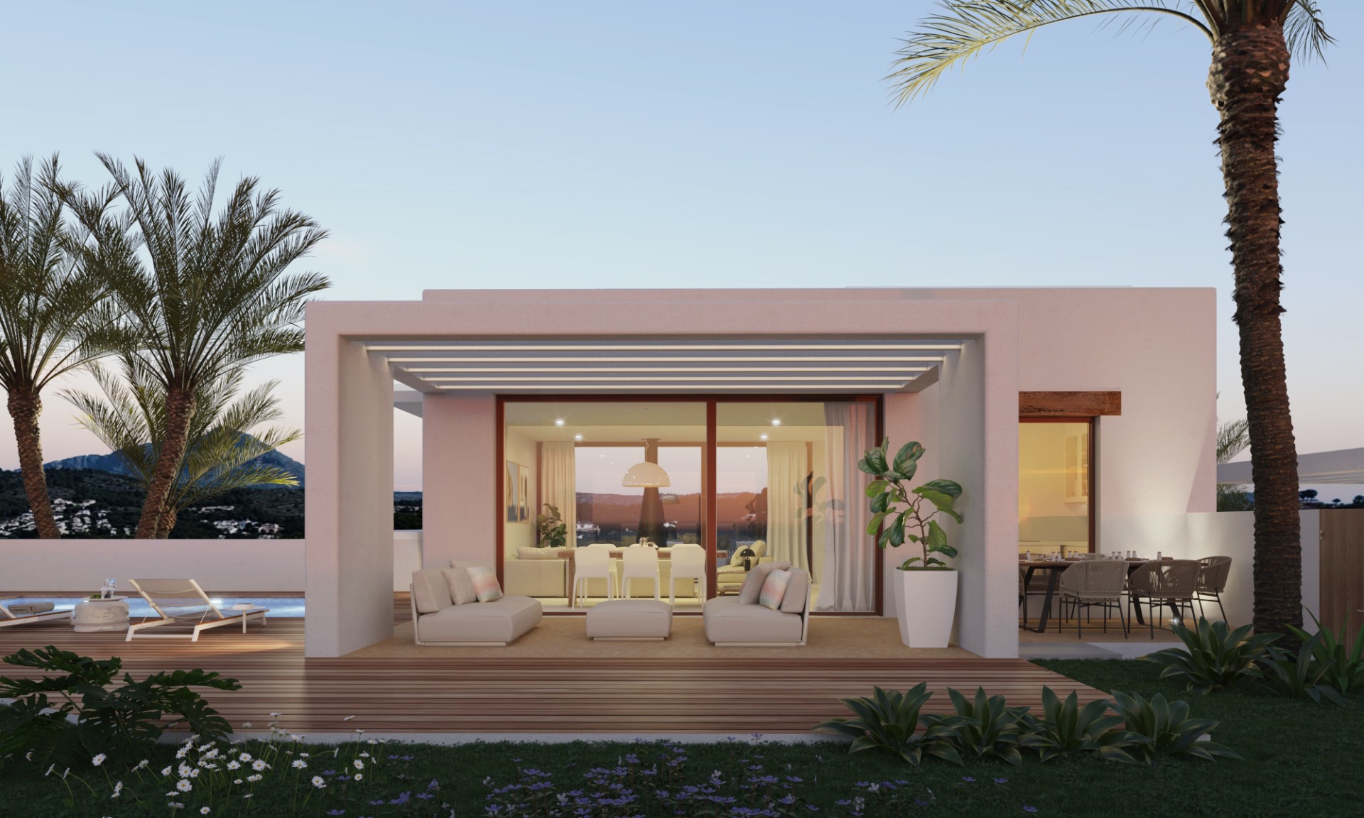 Buitenaanzicht van de moderne villa met houten terras, overdekte lounge onder een pergola en grote glazen schuifdeuren met uitzicht op het zwembad en de Montgó.
