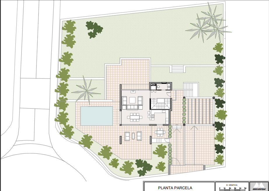 Gedetailleerd kavelplan van het perceel van 1.000 m² met de indeling van de begane grond, het privézwembad, de ruime terrassen en de tuinarchitectuur.