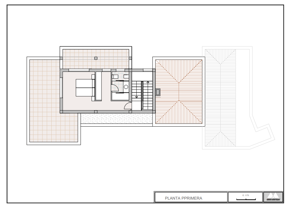 Architecturale plattegrond van de eerste verdieping met een hoofdslaapkamer met en-suite badkamer, trappenhuis en uitgestrekte privéterrassen.