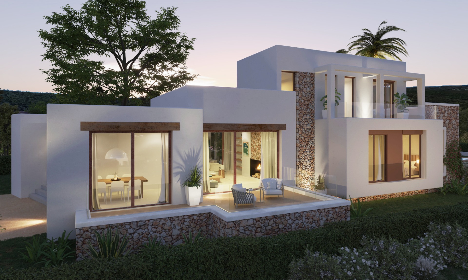 Exterieur van de moderne mediterrane villa bij schemering, met witte gevels, natuurstenen muren en grote glazen puien met houten lateien.