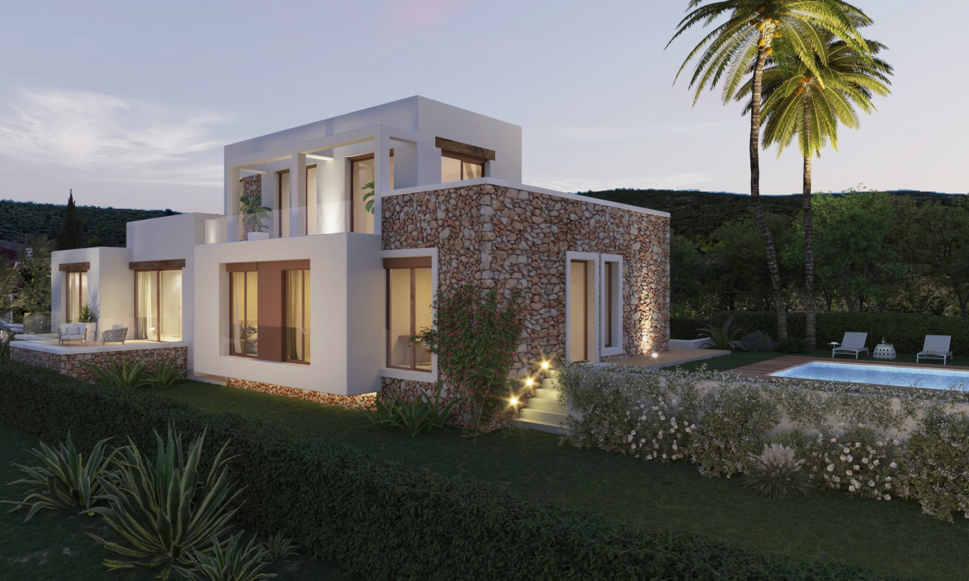 Exterieur van een moderne mediterrane villa met natuurstenen muren, wit pleisterwerk, geïntegreerde trapverlichting, een privézwembad met houten terras en een aangelegde tuin.