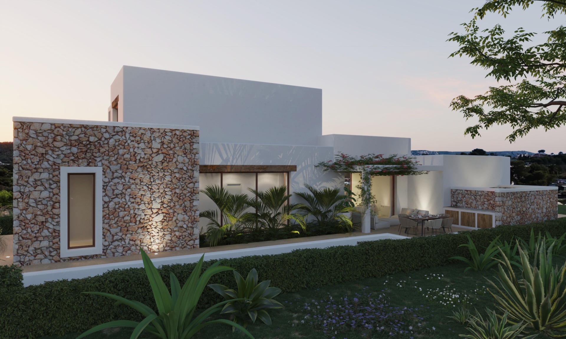 Moderne villa met natuurstenen muren, witte gevels en een aangelegde tuin. Voorzien van een eethoek buiten onder een pergola en geïntegreerde sfeerverlichting bij schemering.