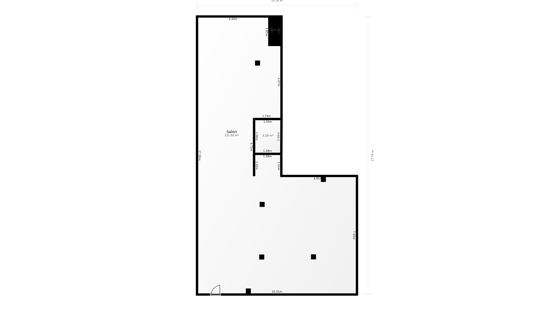 Gedetailleerde technische plattegrond van de L-vormige commerciële ruimte, inclusief exacte afmetingen en structurele kolommen.
