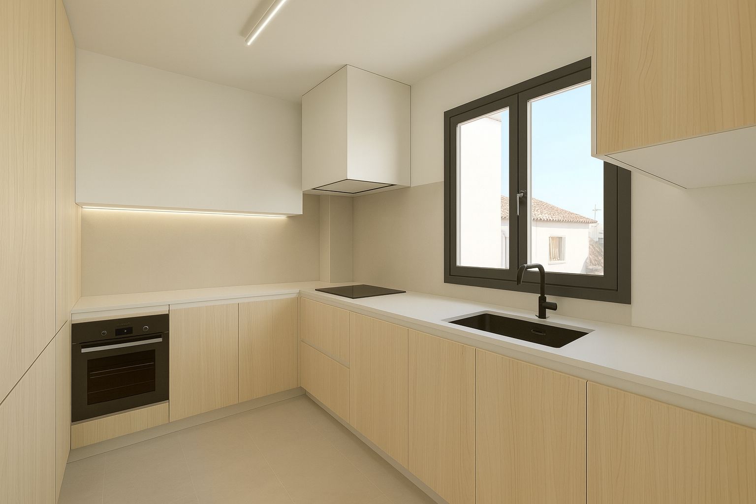 Minimalistische keuken met lichte houten kasten, wit werkblad en zwart beslag. Geïntegreerde LED-verlichting en een raam zorgen voor een lichte, functionele ruimte.