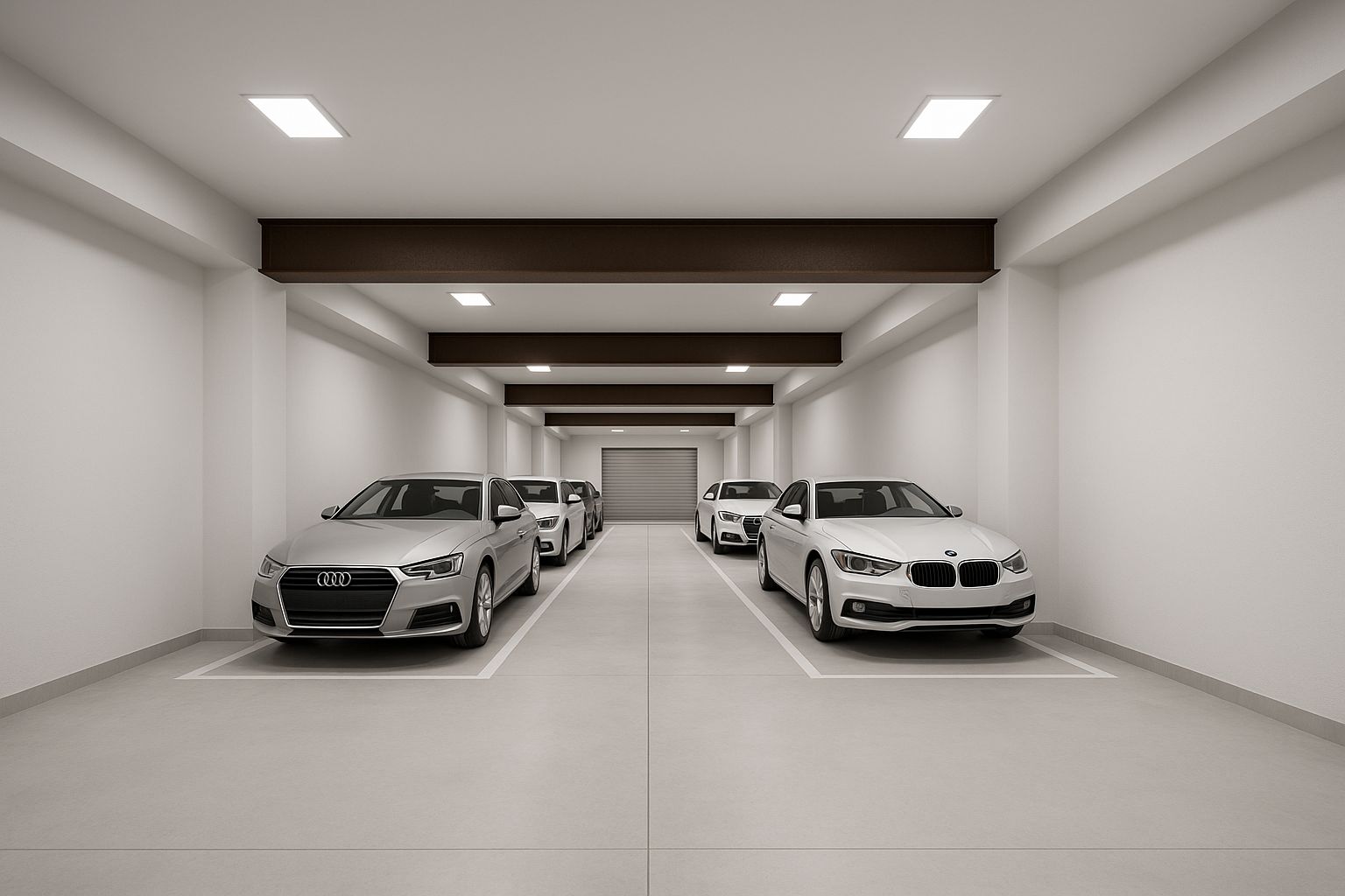 Ruime inpandige garage met zichtbare draagbalken, inbouw-ledverlichting en gemarkeerde parkeerplaatsen voor meerdere voertuigen in een strakke afwerking.