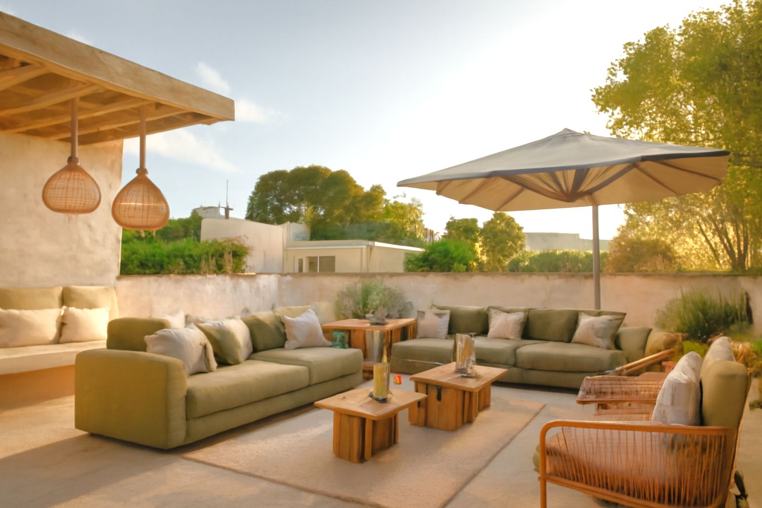 Bovenste terras met chill-out zone voorzien van olijfgroene banken, natuurhouten tafels en rieten hanglampen onder een rustieke houten pergola.