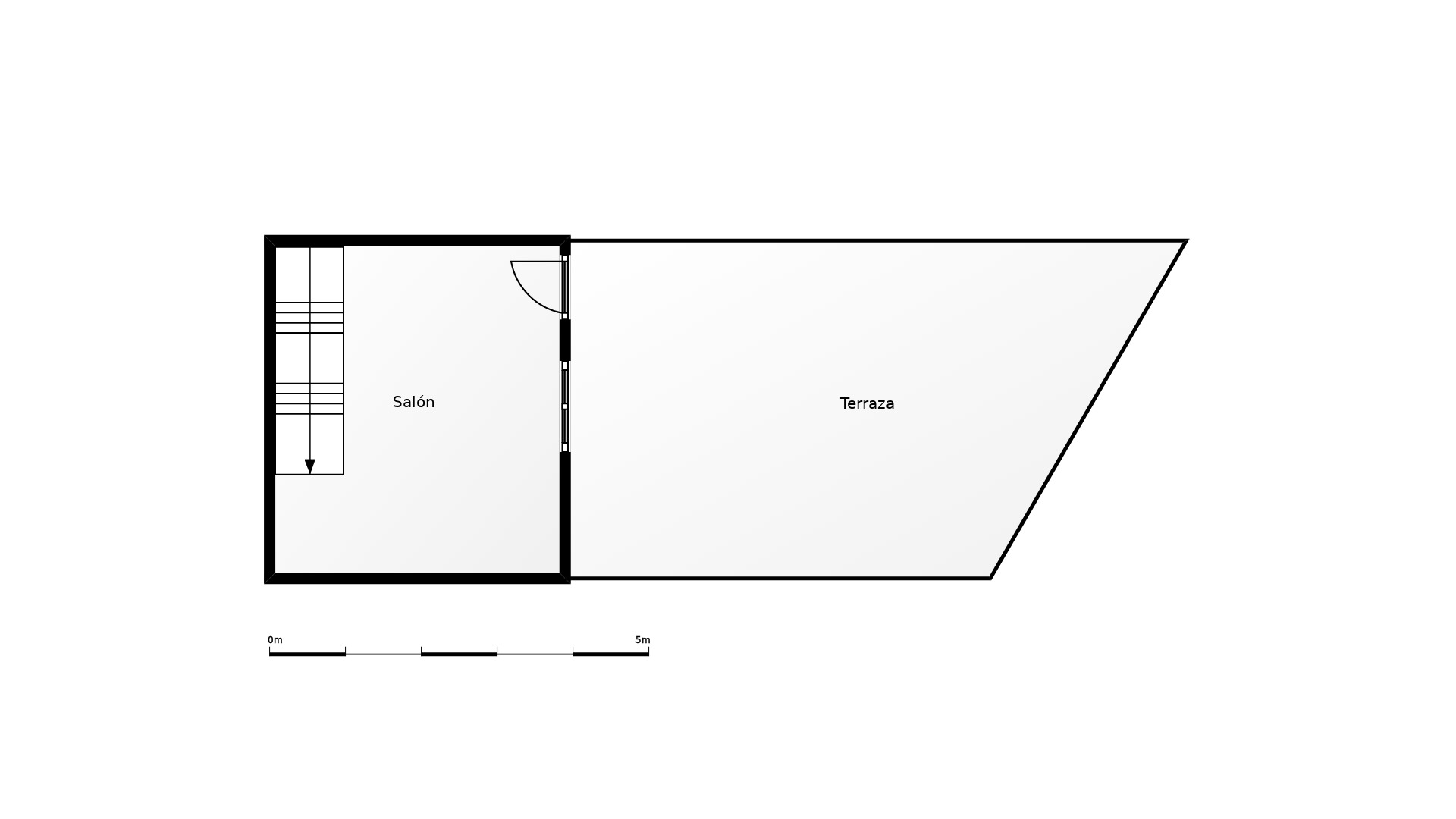 Gedetailleerde plattegrond van de bovenverdieping met de indeling van de woonkamer, trap en directe toegang tot een ruim buitenterras.