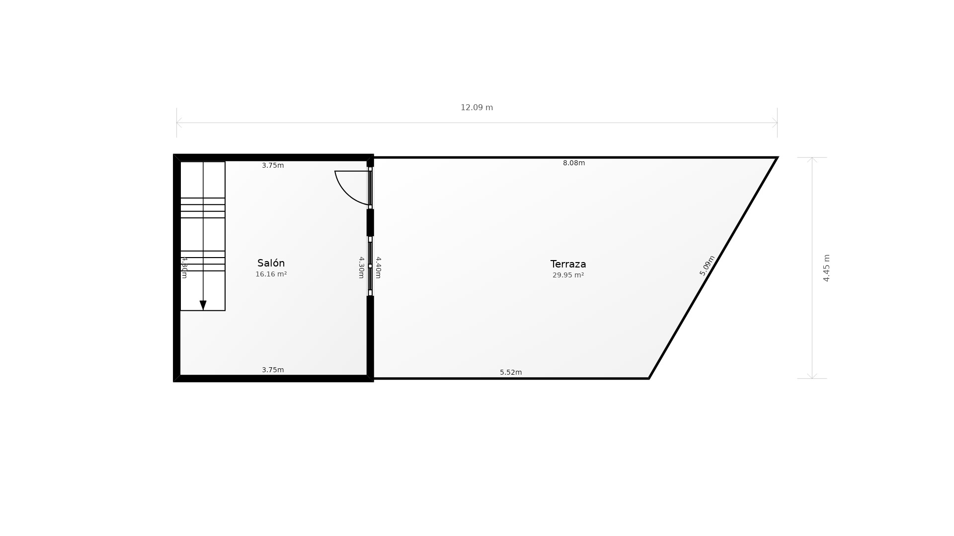 Gedetailleerde plattegrond van de bovenverdieping met een woonkamer van 16,16 m² en een ruim dakterras van 29,95 m² met trapverbinding.