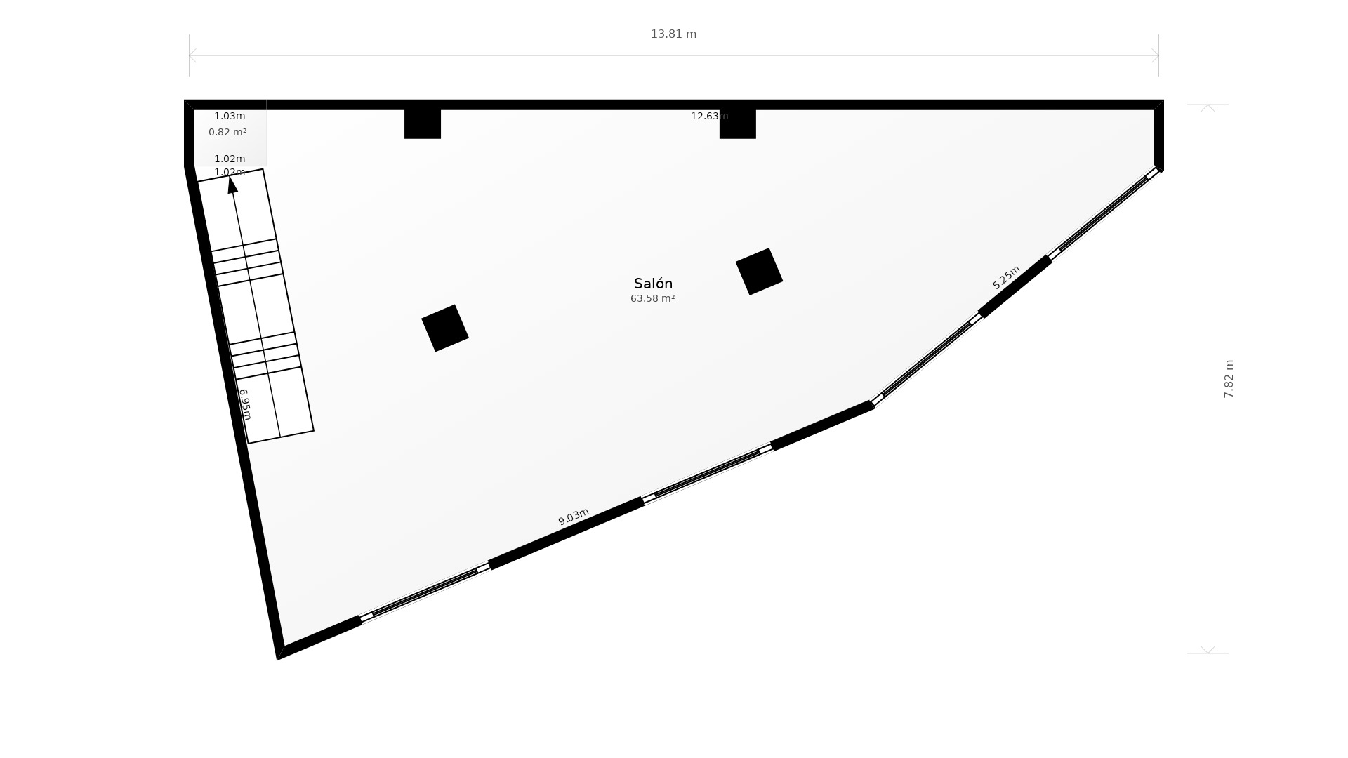 Gedetailleerde plattegrond van de woonkamer van 63,58 m², met een onregelmatige indeling, structurele kolommen, toegang via de trap en grote raampartijen.