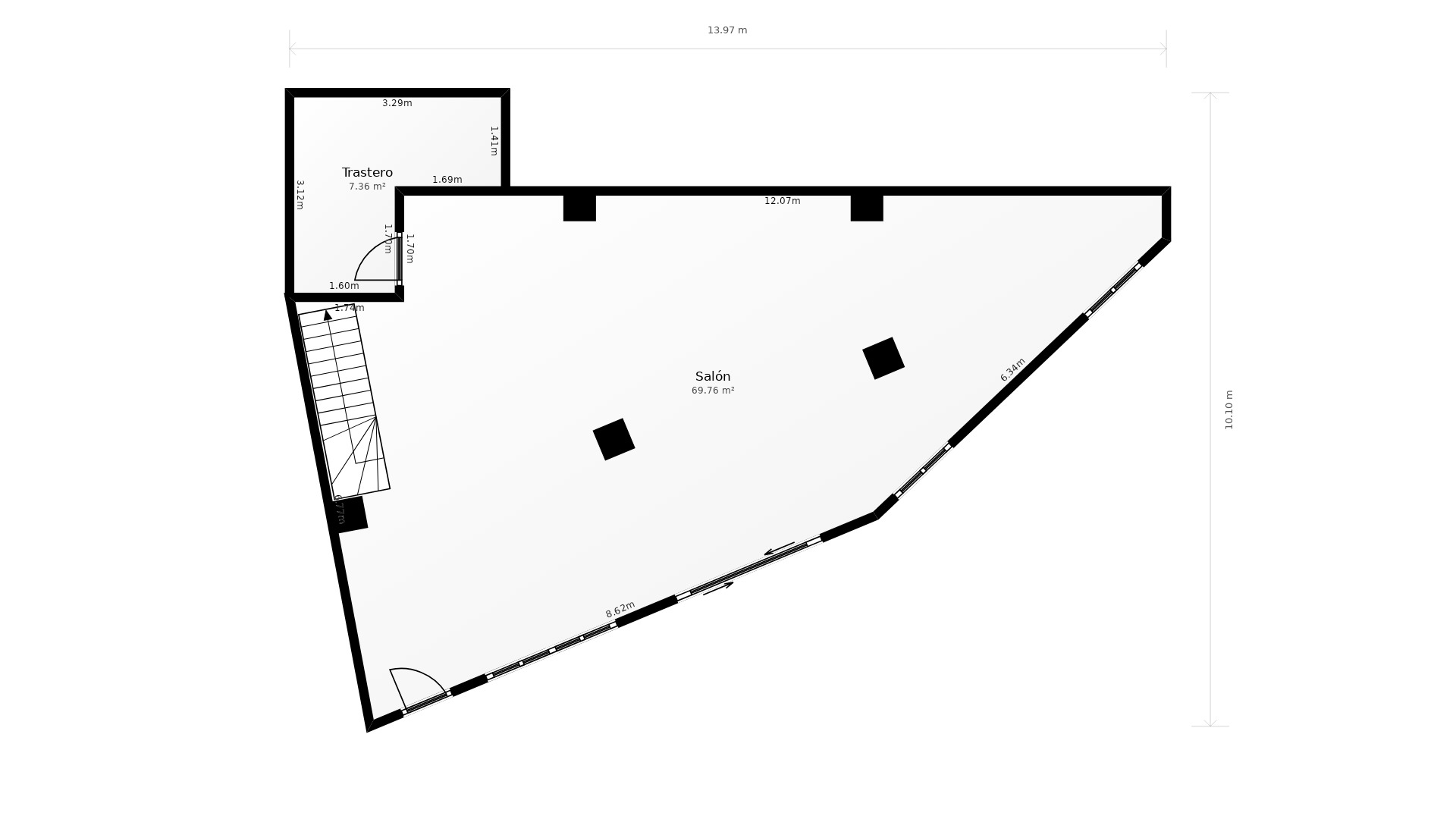 Gedetailleerde technische plattegrond van de hoofdverdieping met een open ruimte van 69,76 m², een berging van 7,36 m² en de toegangstrap.