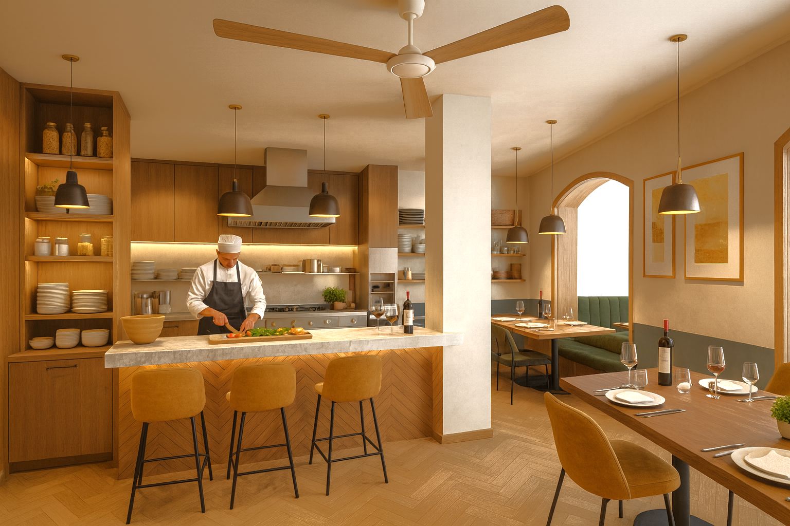 Open designkeuken met marmeren bar, houten visgraatpaneel en geïntegreerde eethoek voorzien van warme hangverlichting en houten vloeren.