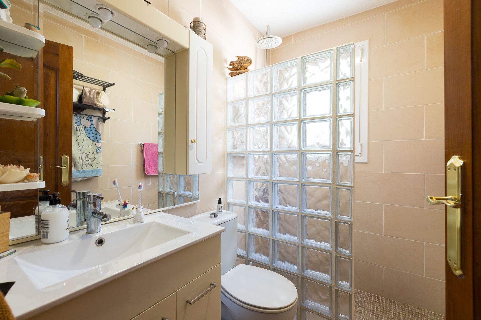 Functionele badkamer met modern wastafelmeubel, grote spiegel en een inloopdouche gescheiden door een wand van glasbouwstenen voor optimale natuurlijke lichtinval.