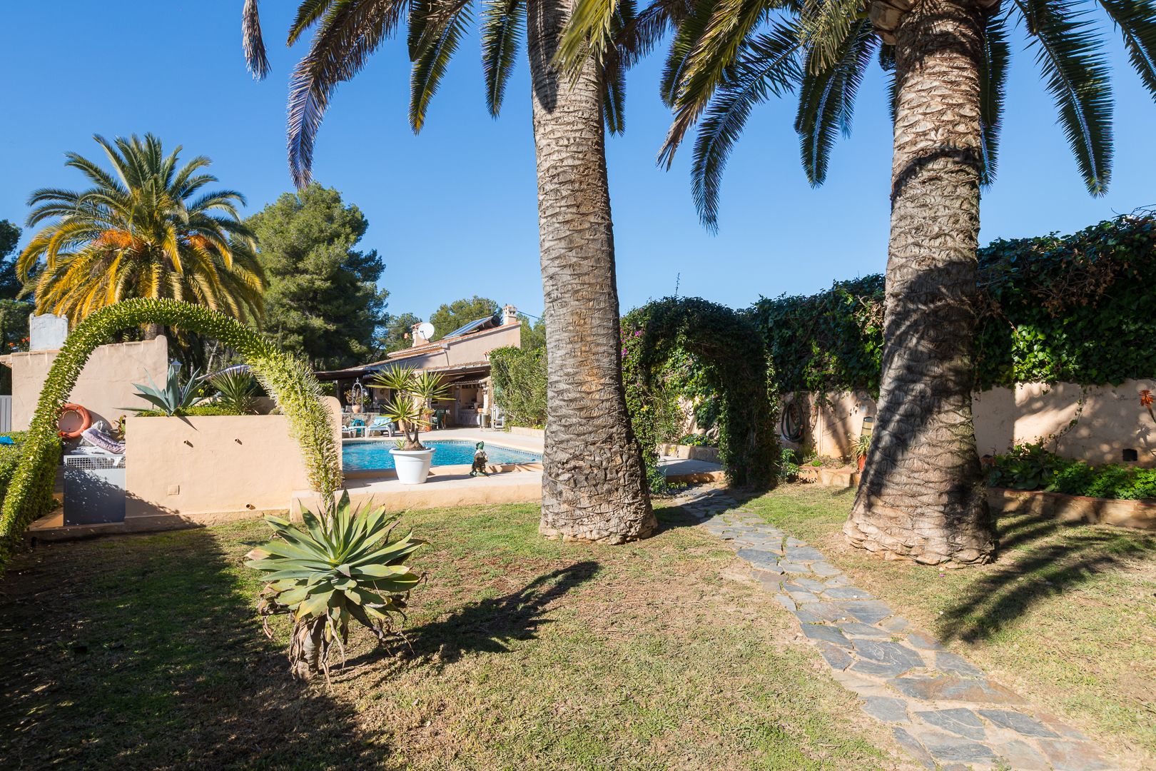 Mediterrane tuin met grote palmbomen, een pad van natuursteen en uitzicht op het zwembad en de villa.