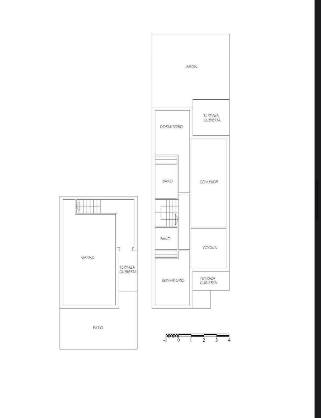 Gedetailleerde plattegrond met de indeling van de garage, twee slaapkamers, twee badkamers, open keuken-eetkamer en toegang tot de privétuin.